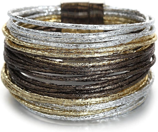 Fesciory Leopard Bracelet for Women, Boho Leather Wrap Multi-Layer Pearl Crystal Bracelet Bangle Jewelry