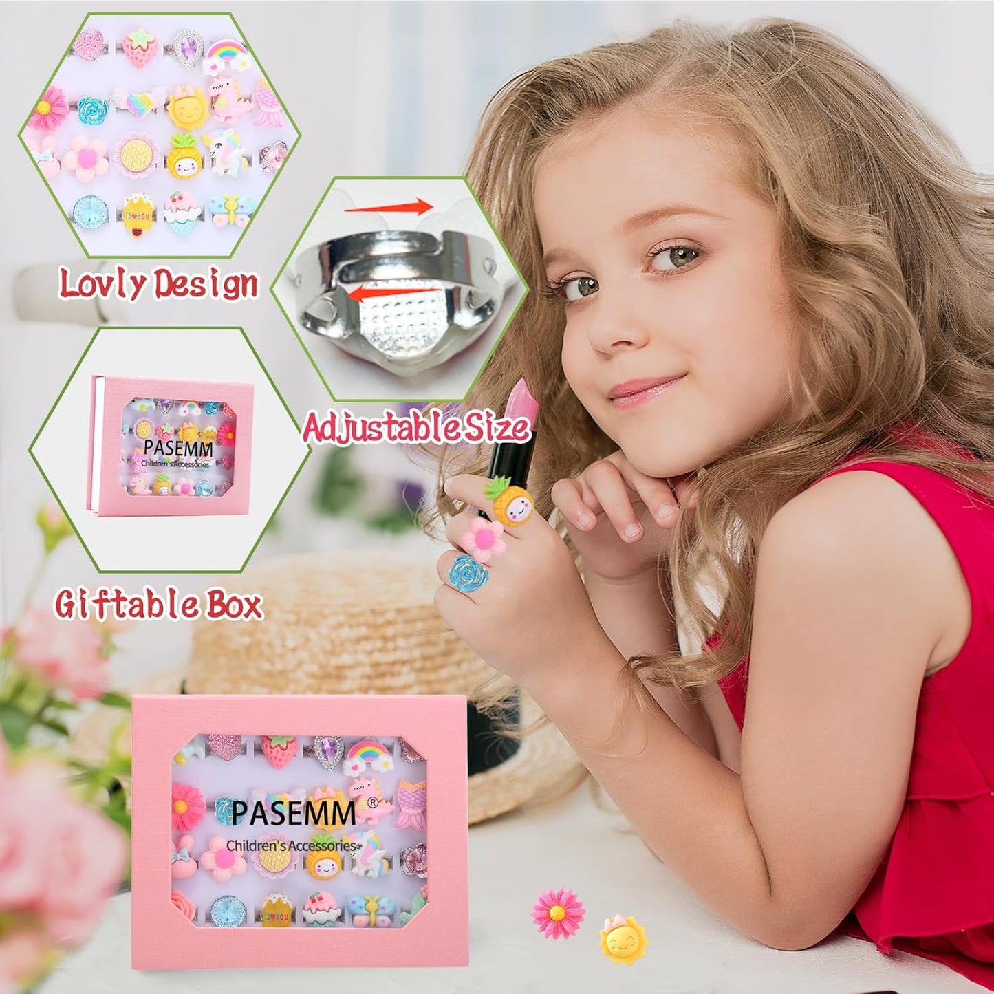 24pcs Little Girl Jewel Rings, Adjustable, No Duplication Kids Play Ring in Box,Pretend Play and Dress Up Rings for 4-12 Year Old Girl Birthday Christmas Holiday Gifts