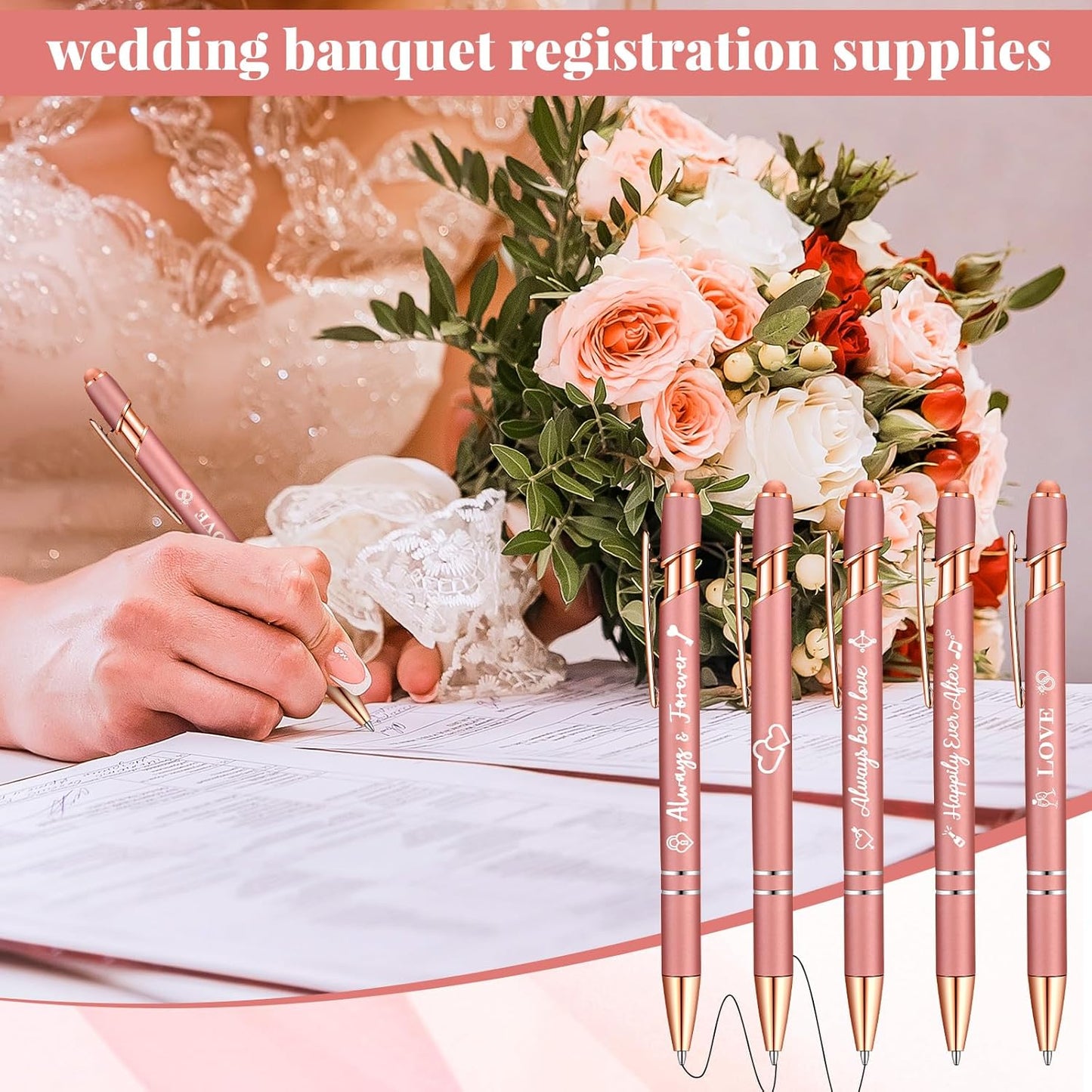 Kisston 36 Pcs Wedding Pens Bulk Bridal Shower Pens Favors Bachelorette 6 Styles Retractable Ballpoint Wedding Favors Supplies for Guest Game Office(Rose Gold)