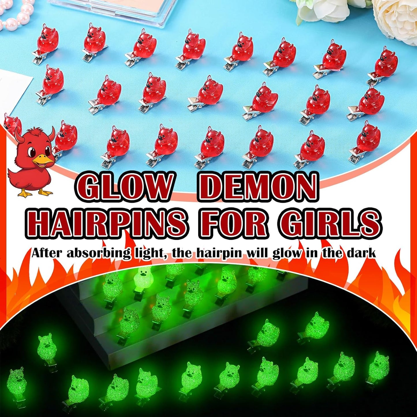 30 Pcs Mini Glow Hair Clips Girls Rave Hair Clips for Women Christmas Music Festival Holiday Party Supplies (Devil Duck)