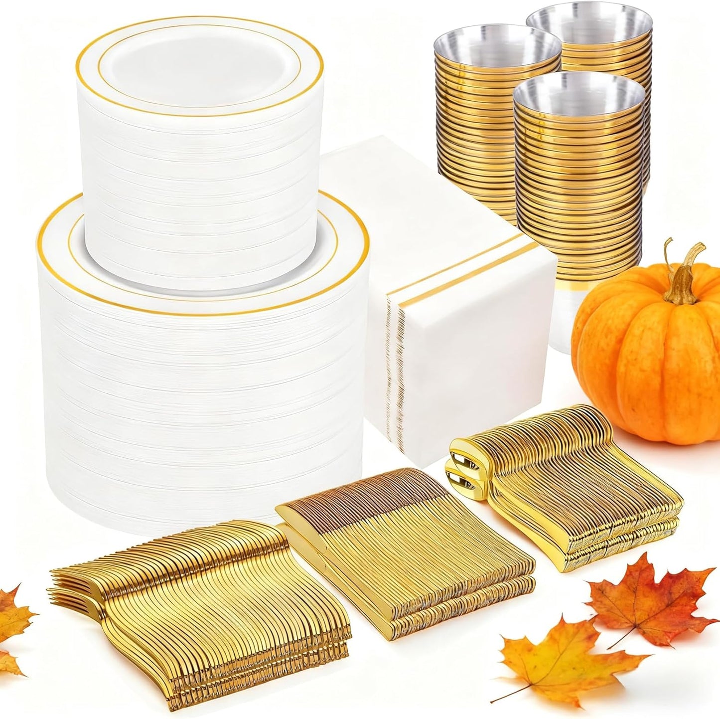 GATHER 700PCS Gold Plastic Plates - Whtie and Gold Disposable Dinnerware Sets 100Guest - 200 Disposable Plate, 300 Plastic Silverware, 100 Cups, 100 Napkins for Wedding & Party & Thanksgiving