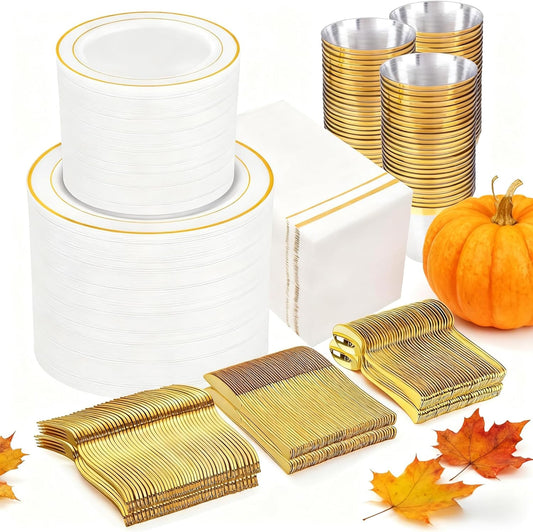 GATHER 700PCS Gold Plastic Plates - Whtie and Gold Disposable Dinnerware Sets 100Guest - 200 Disposable Plate, 300 Plastic Silverware, 100 Cups, 100 Napkins for Wedding & Party & Thanksgiving