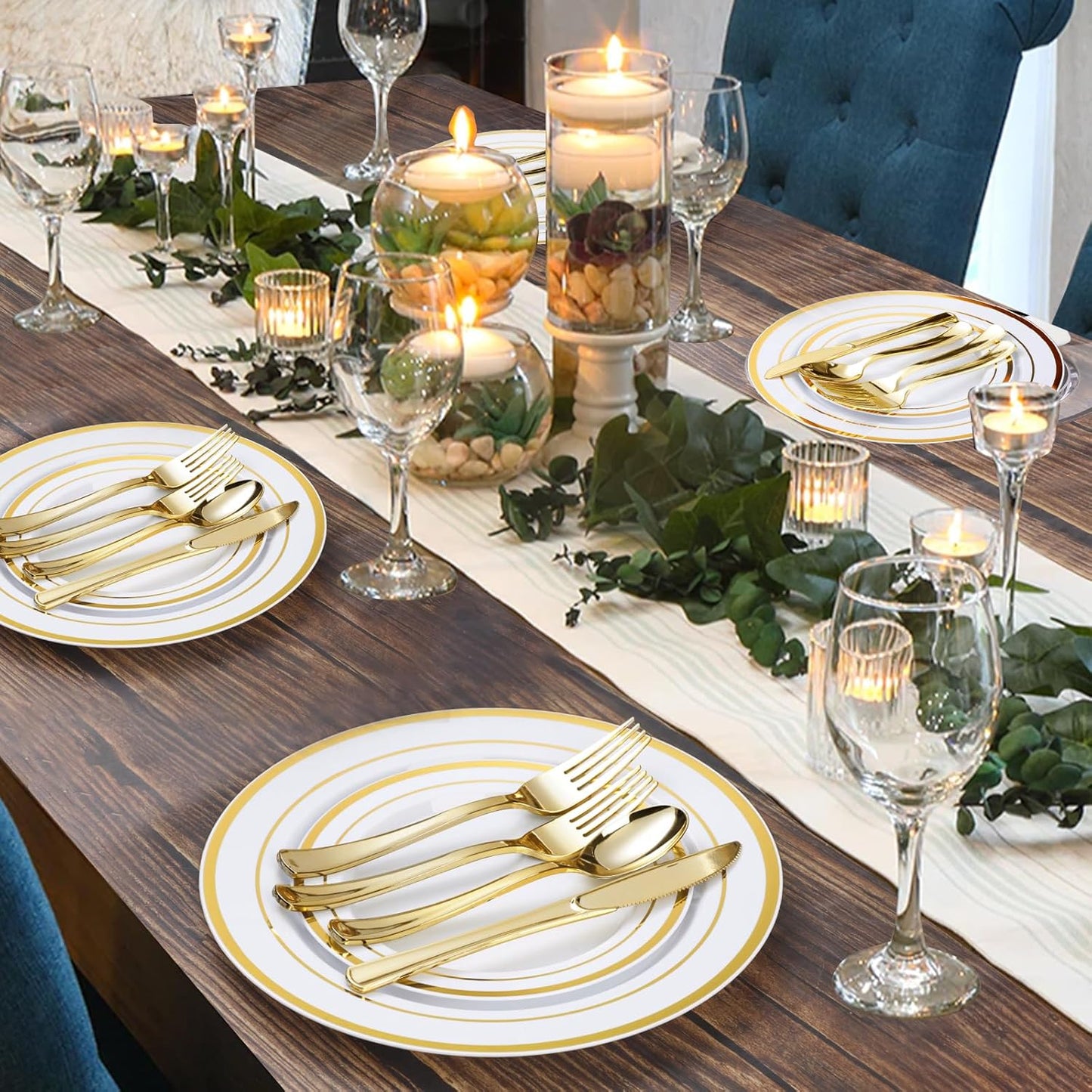 BESTVIP 600PCS Gold Plastic Plate Set (100 Guests), Plastic Plates for Party Wedding Birthday, Disposable Dinnerware Set of 200 Plates, 200 Forks, 100 Spoons, 100 Knives for Christmas, Thanksgiving