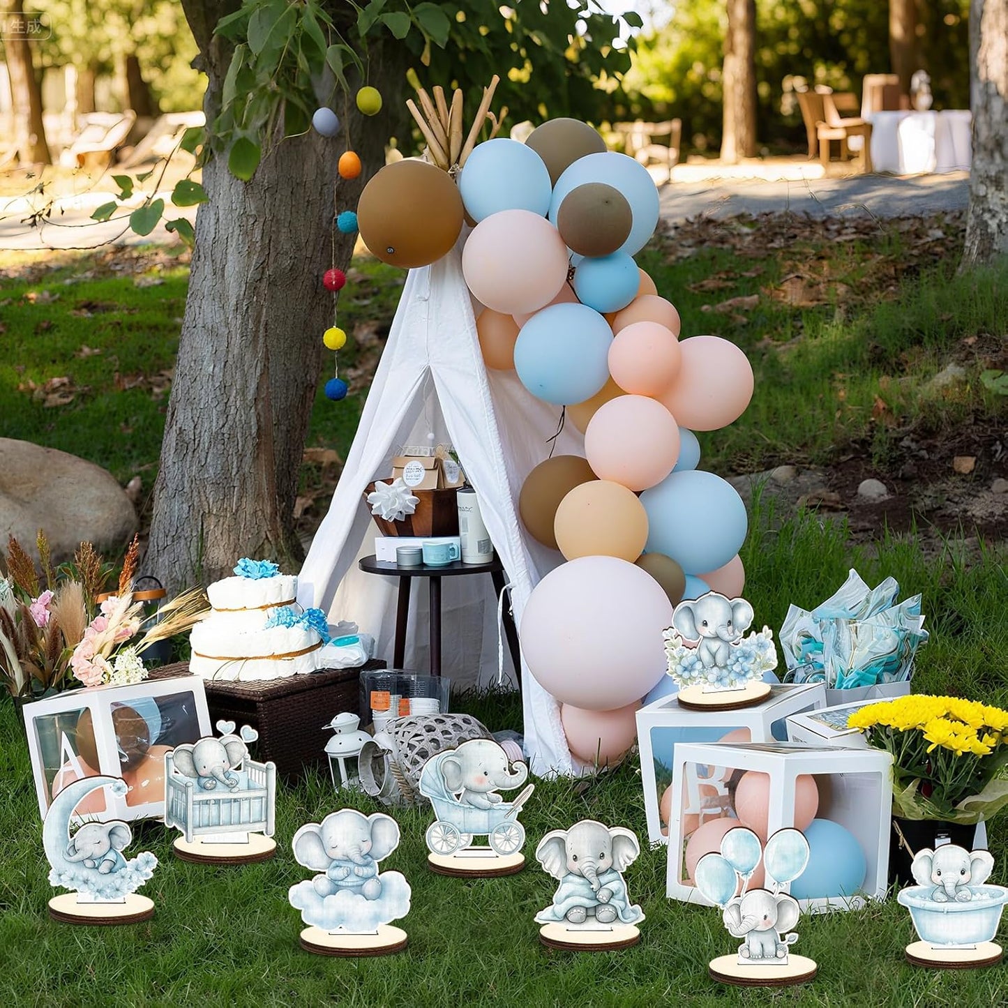 16 Pcs Wooden Baby Shower Table Centerpiece Blue Elephant Tabletop Detachable Sign It's A Boy Gender Reveal Table Toppers Display Decoration Elephant Birthday Photo Props Party Favor Supplies