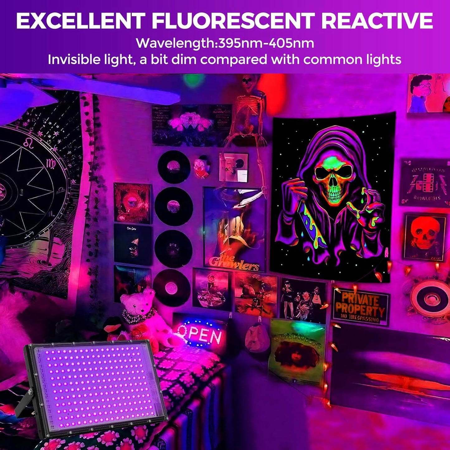 200W LED Black Lights for Glow Party - Waygor IP65 Waterproof UV Blacklight Floodlight 395nm Black Light Spotlight Purple Black light Flood Light Fluorescent UV Light Lamp for Halloween Decor (4 Pack)