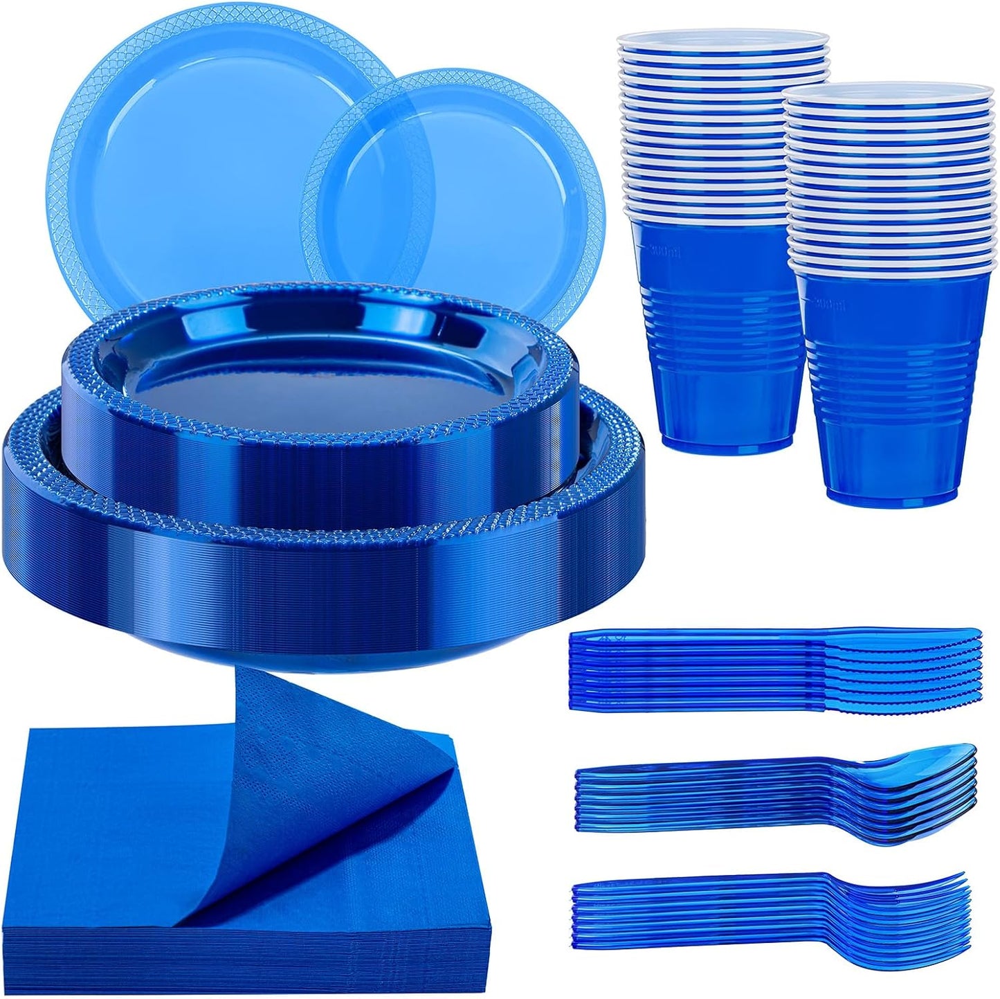 WELLIFE 210Pcs Clear Blue Plastic Plates,Blue Plastic Dinnerware Set,Party Supplies Including Clear Plates, 12OZ Cups, plastic Cutlery and Paper Napkins Serve 30 Guests, Disposable Plates for Party