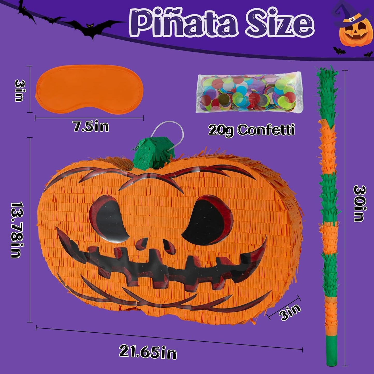 PCFING 21.6 Inch Halloween Pumpkin Piñata with 30 Inch Piñata Stick Blindfold Confetti for Boy Girl Adults Halloween Scary Party，Candy Game，Trick Treat Party，Jack o Lanterns Decorations