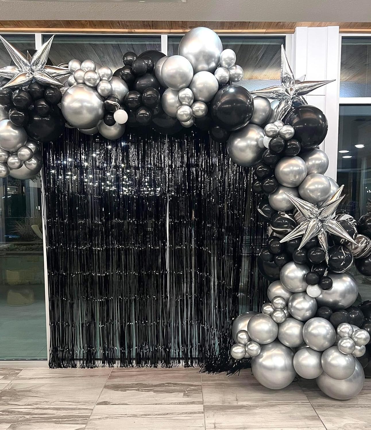 Black and Silver Balloon Arch Kit, 201Pcs Explosion Star Black Metallic Silver with Confetti Balloon Garland kit, Different Size Balloons for Anniversary Birthday Disco Party Decorations