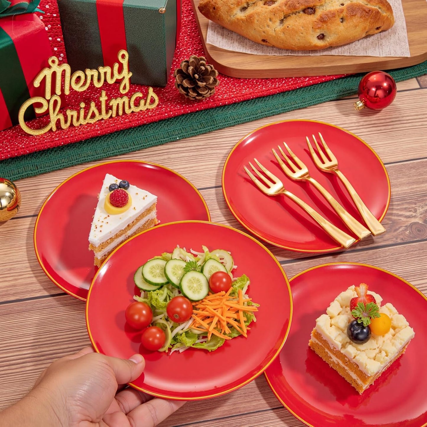 Festiva 200Pcs Red Gold Dessert Plates 6.3" with Plastic Forks 5"-Small Disposable Plates- Dessert/Cake/Appetizer Plastic Plates include 100Plates 100Forks for Christmas Party&New Year