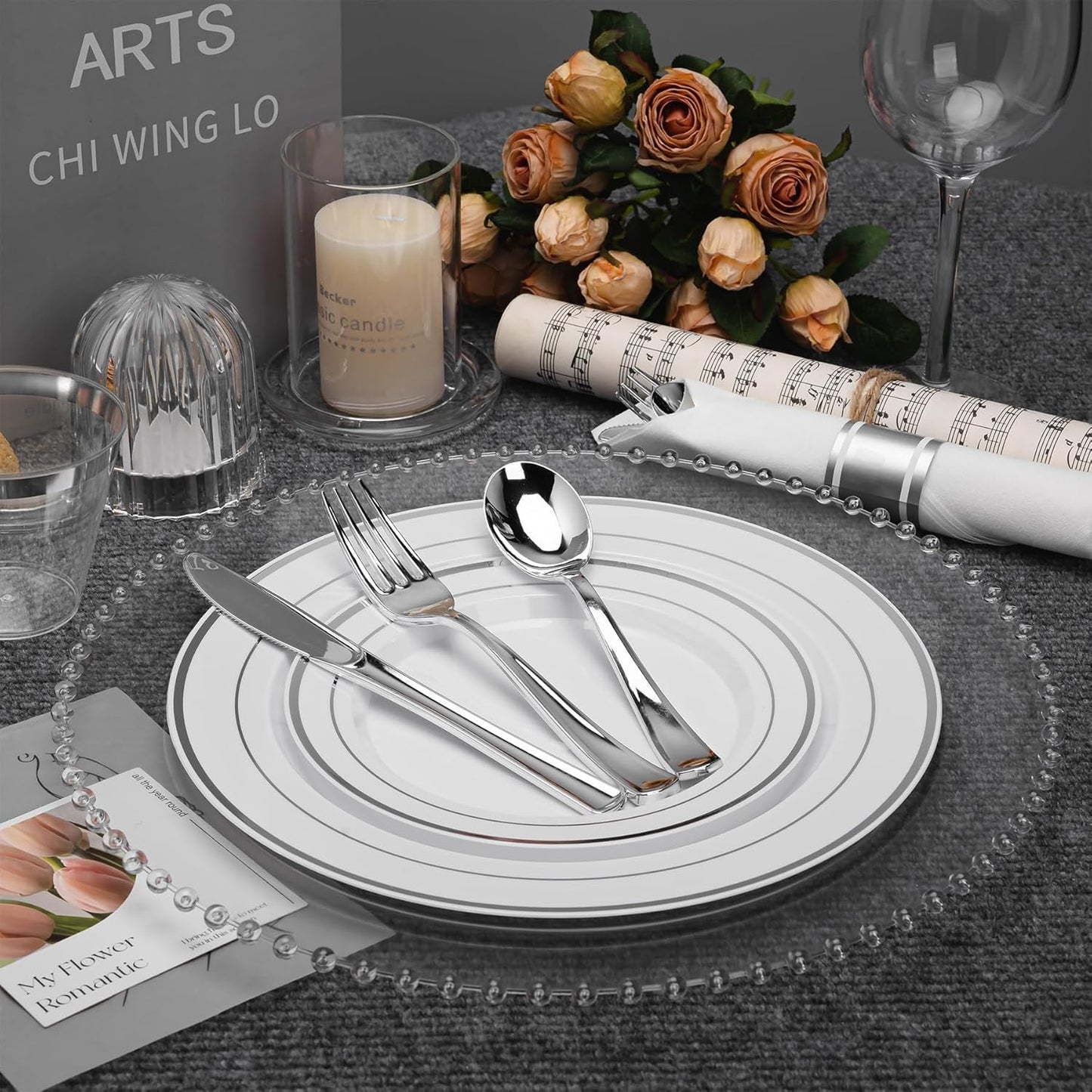 350 PCS White and Silver Plastic Dinnerware Set for 50 Guests, 100 Thanksgiving Disposable Plates for Party, 50 Pre Rolled Napkins with Silver Silverware, 50 Cups