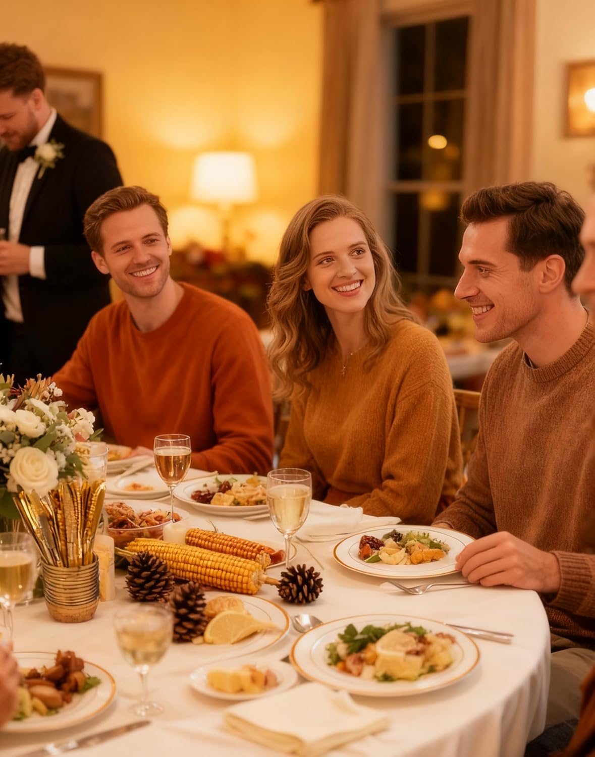 GATHER 700PCS Gold Plastic Plates - Whtie and Gold Disposable Dinnerware Sets 100Guest - 200 Disposable Plate, 300 Plastic Silverware, 100 Cups, 100 Napkins for Wedding & Party & Thanksgiving