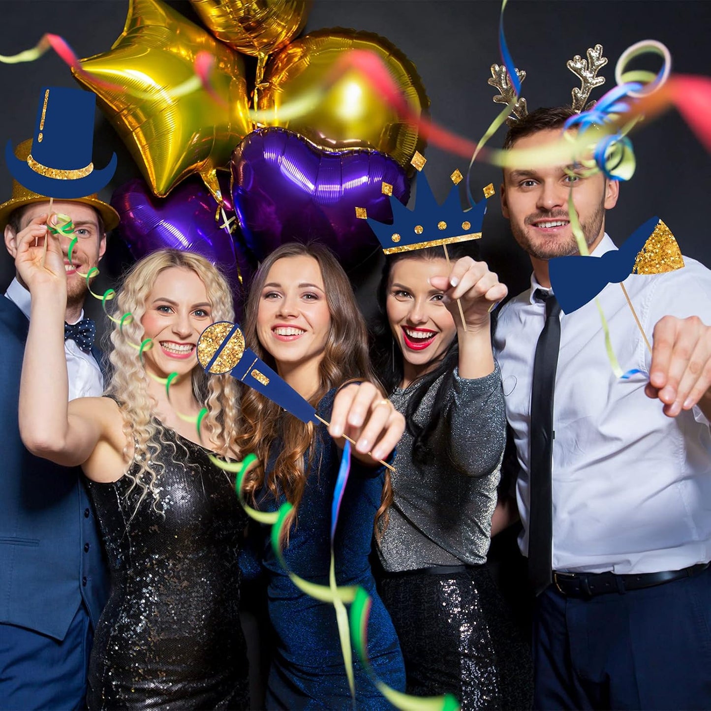 Zonon 24 Pieces Funny Photo Booth Props:Halloween,Christmas,Family Reunion, Class Reunion, Birthday, Weddings, Prom Disco Mardi Gras Party Supplies - Mix of Hats, Lipstick, Tie(Gold and Navy Blue)