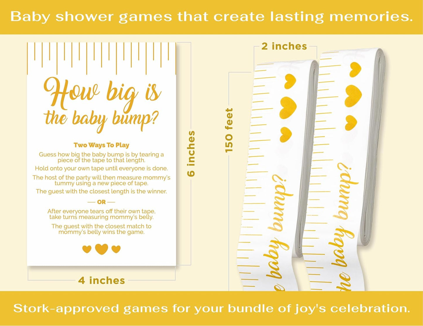 Party Hearty Funny Baby Shower Games for Girl and Boy Activities, 2 Rolls, 2 inch x 150 feet, Gold Tummy Measure, Fun & Easy Idea