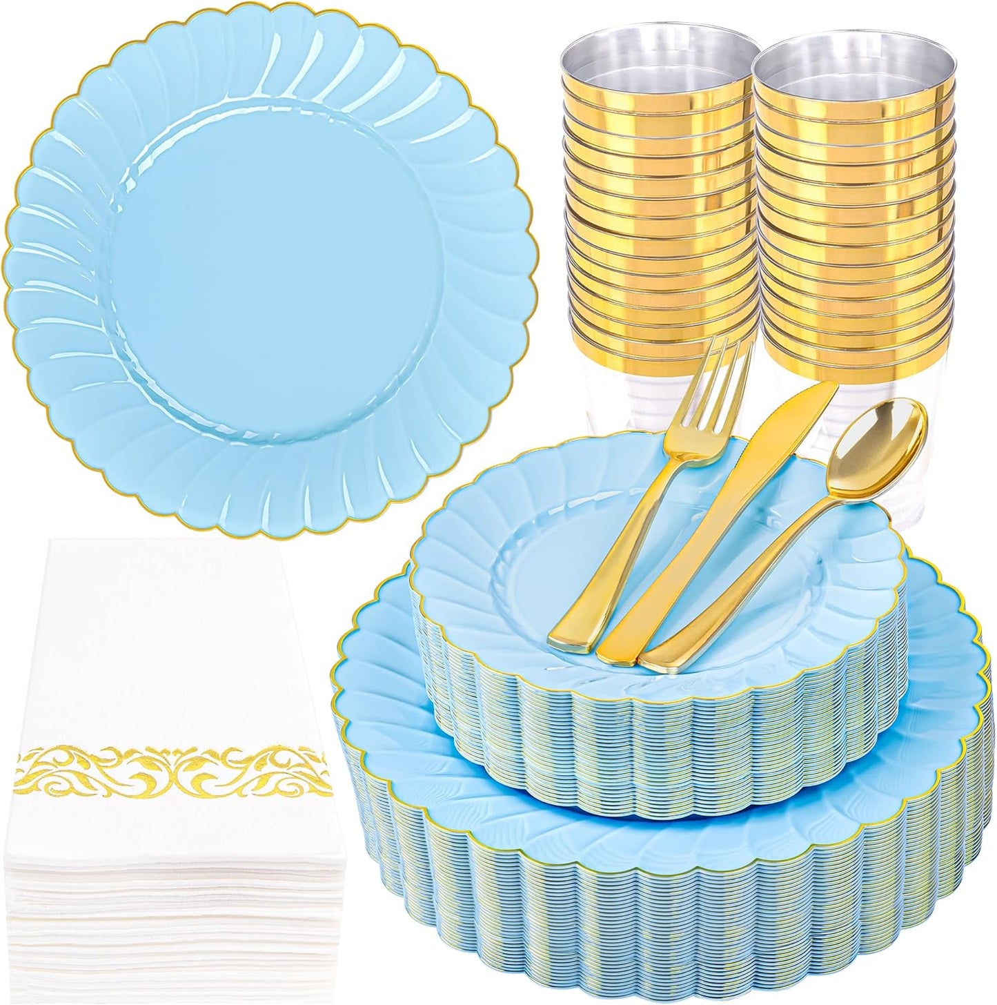 YOUBET 175PCS Blue Scalloped Plastic Plates - Light Blue Disposable Dinnerware Set Include 50 Plates, 75 Gold Silverware, 25 Cups, 25 Napkins for Party & Wedding & Baby Shower