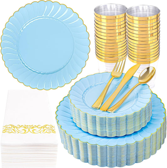 YOUBET 175PCS Blue Scalloped Plastic Plates - Light Blue Disposable Dinnerware Set Include 50 Plates, 75 Gold Silverware, 25 Cups, 25 Napkins for Party & Wedding & Baby Shower