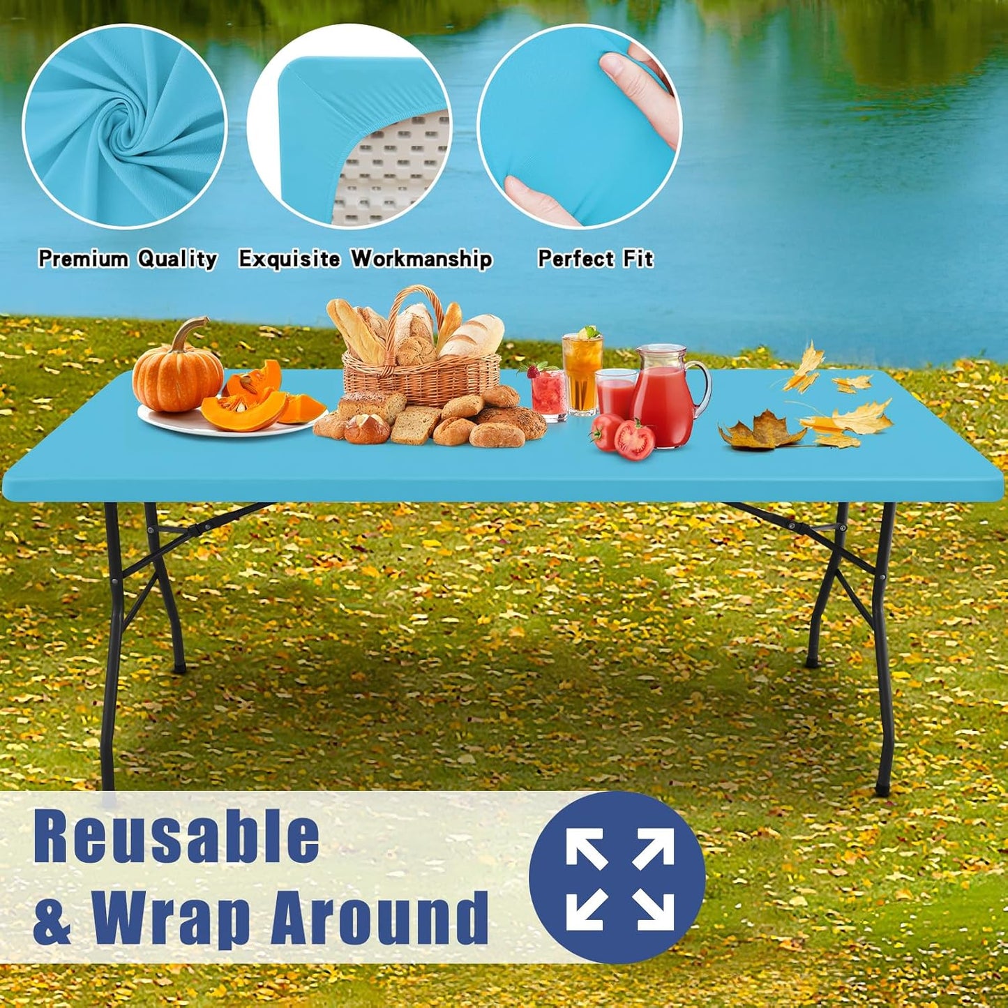 Spandex 8 Foot Rectangle Table Cloth 2 Pack, Elastic Fitted Tablecloths for Picnic, Stretch Washable Patio Table Cover for Outdoor, Camping, Banquet and Parties (Blue Mist, 30"x96")