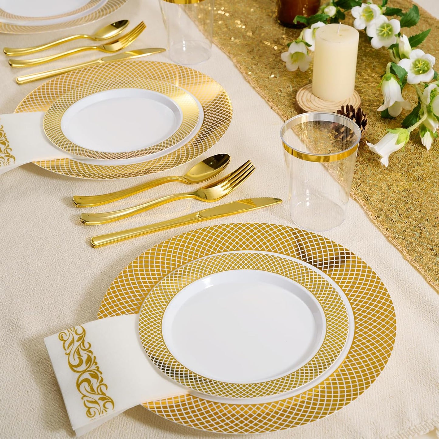 FOCUSLINE Gold Plastic Plates Set of 102, Disposable Plates with Gold Grid Rim 51 Dinner Plates 10" and 51 Salad Dessert Appetizer Plate 7", Elegant Fancy Heavy Duty Wedding Party Plate