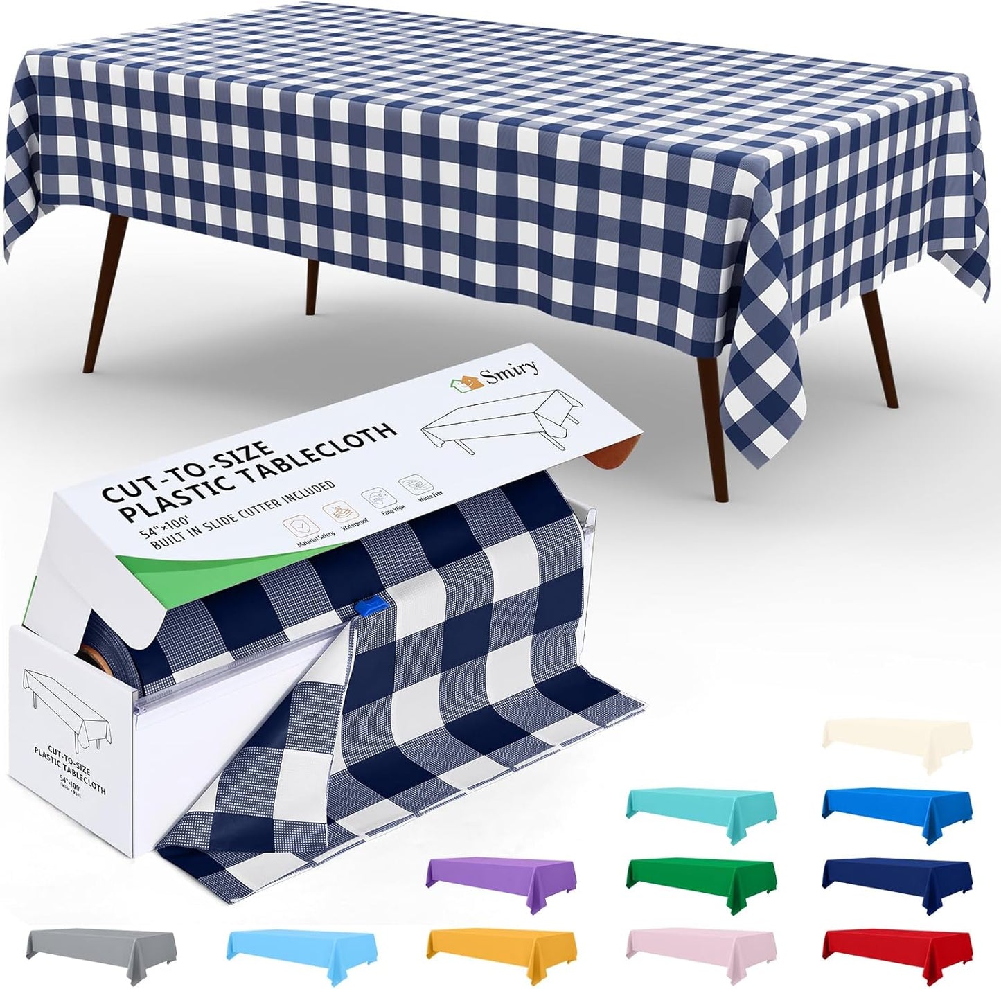 Smiry 54 Inch x 100 Feet Disposable Table Cover Roll, Navy & White Plastic Table Cloth in Cut-to-Size Box with Slide Cutter, Waterproof Rectangle Tablecloths for Weddings, Banquets, Outdoor