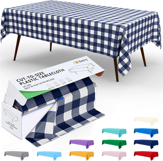Smiry 54 Inch x 100 Feet Disposable Table Cover Roll, Navy & White Plastic Table Cloth in Cut-to-Size Box with Slide Cutter, Waterproof Rectangle Tablecloths for Weddings, Banquets, Outdoor