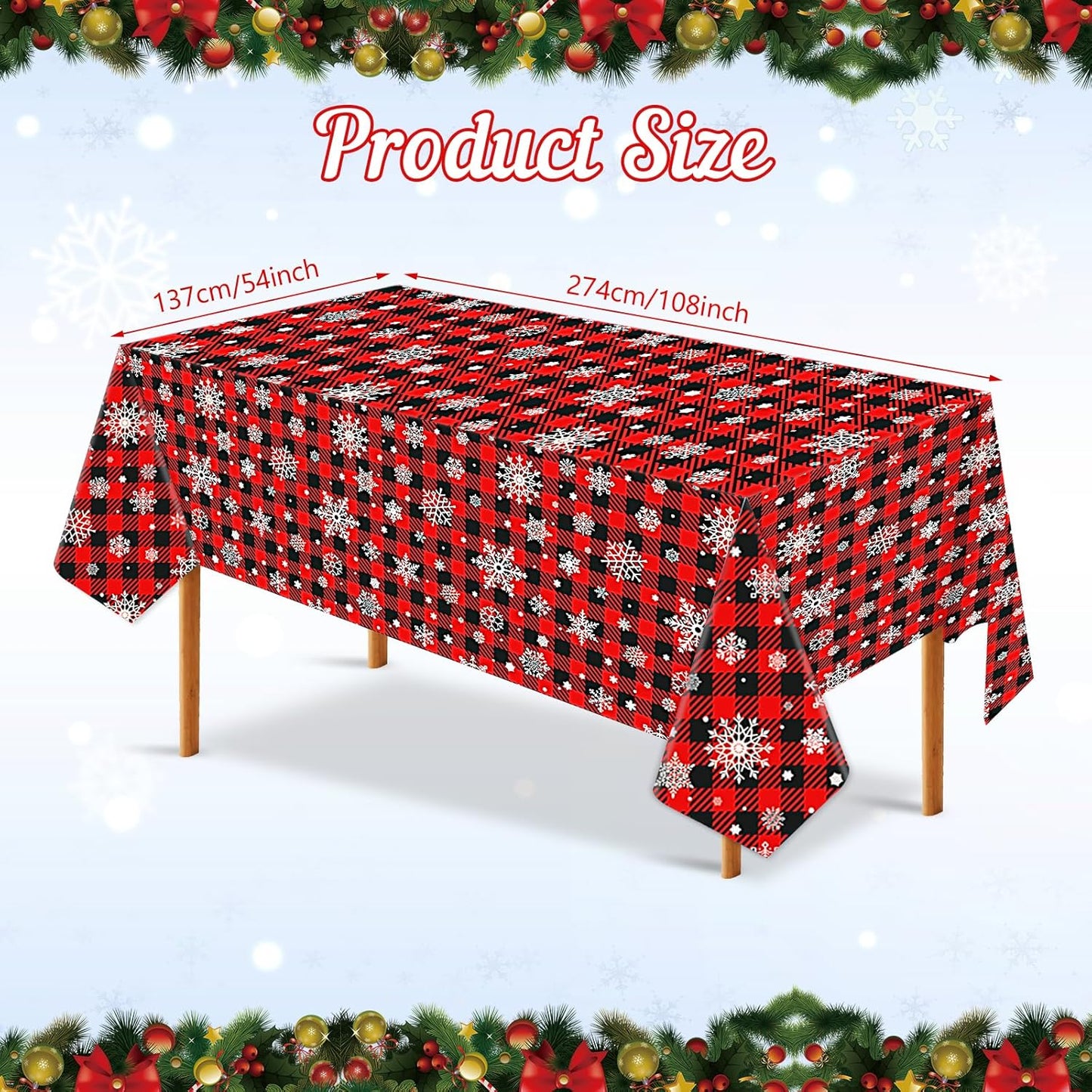 3 Pack Christmas Buffalo Plaid Snowflake Tablecloths, 54 x 108 inch Winter Snowflake Plastic Table Cloth Disposable Rectangle Table Cover for Christmas New Year Holiday Party