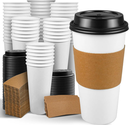 Ginkgo 100 Pack 20 oz Disposable Paper Coffee Cups with Lids and Sleeves, To Go Hot Coffee Cups for Hot Chocolate, Cocoa, Tea and Drinks
