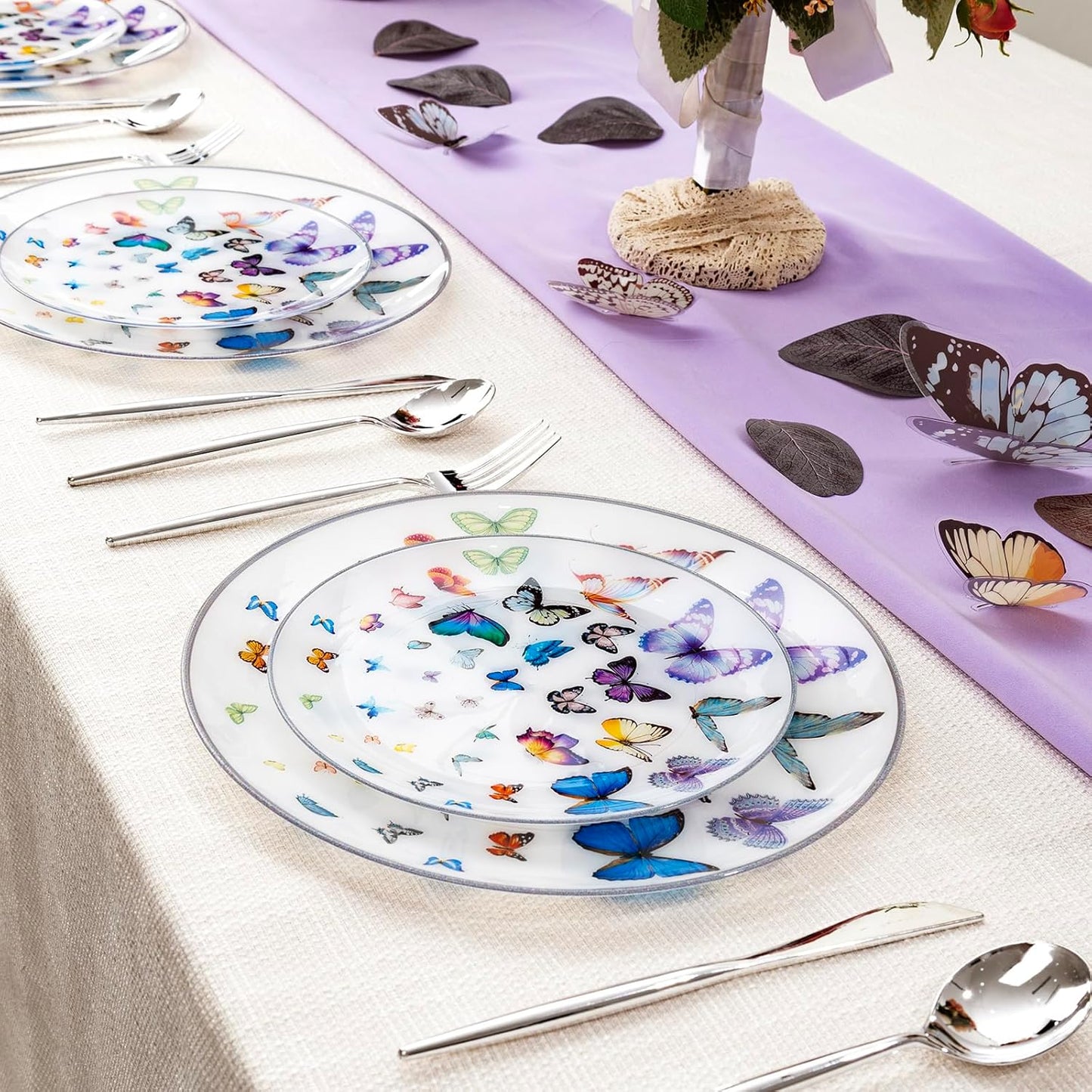 LIYH 60 Pcs Butterfly Plates Disposable Heavy Duty Fancy White Plastic Plates for Party Plate for Garden Party Birthday Wedding Butterfly Decor Include 30 10.25" Dinner & 30 7.5" Dessert Plate