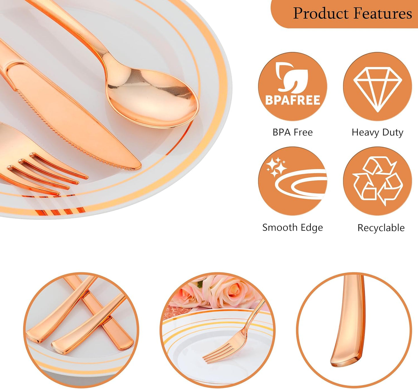 700 PCS Rose Gold Plastic Plates for 100 Guests, Rose Gold Disposable Dinnerware Sets Include 100 Dinner&Salad Plates, 100 Silverware Set, 100 Napkins, 100 Cups