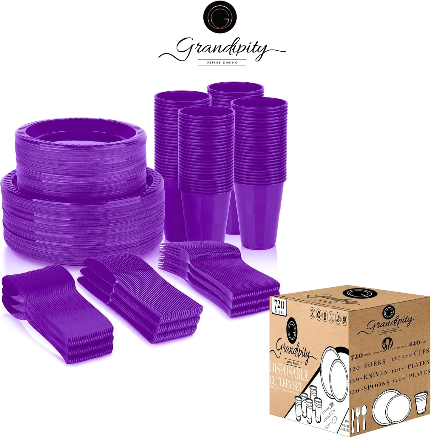 Grandipity 720 Piece Purple Disposable Dinnerware Set, Plastic Dinnerware Set Includes 120 Count 9' Dinner Plates, 7' Dessert Plates, 12oz Cups, Forks, Knives & Spoons