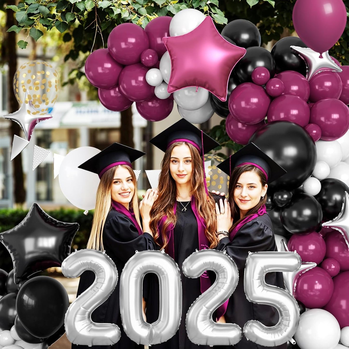 Burgundy Black White Balloons Arch Kit with Star Balloon Pennant Flag Bunting 2025 Foil Balloon Banner Maroon Balloons Garland for Class of 2025 Graduation Theme Birthday Party Supplies