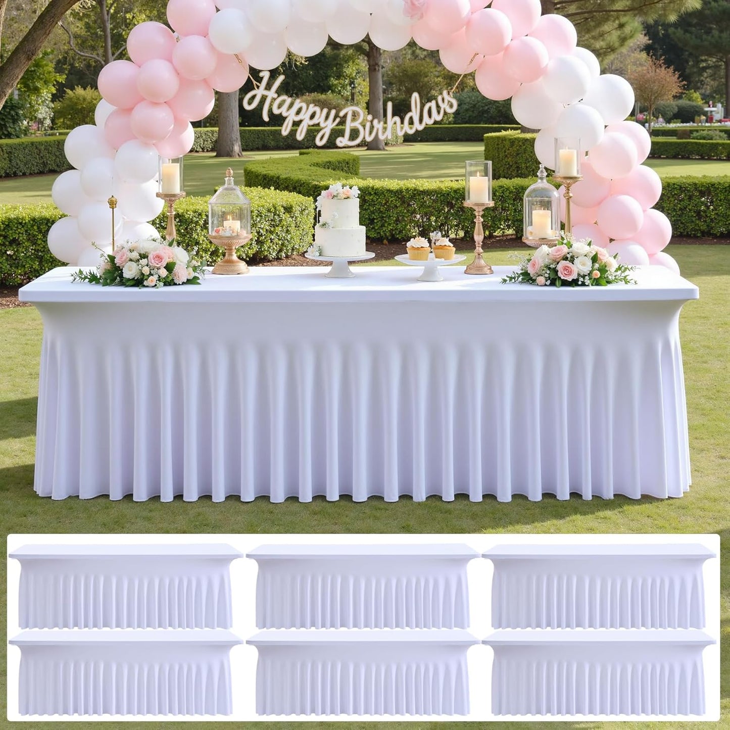 6 pk White Spandex Table Cloth Rectangle 8ft with Ruffle Skirt,Wrinkle Free High-Stretch Fitted Tablecloths for 8 Foot Rectangle Tables,Elastic Spandex Table Covers 8 ft for Parties Weddings Banquet