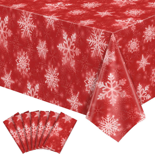 6 Pack Christmas Snowflake Plastic Tablecloth, 54 x 108Inch Red and White Snowflake Table Cloth Disposable Waterproof Winter Snowflakes Table Cover for Winter Holiday New Year Party Supplies Decor