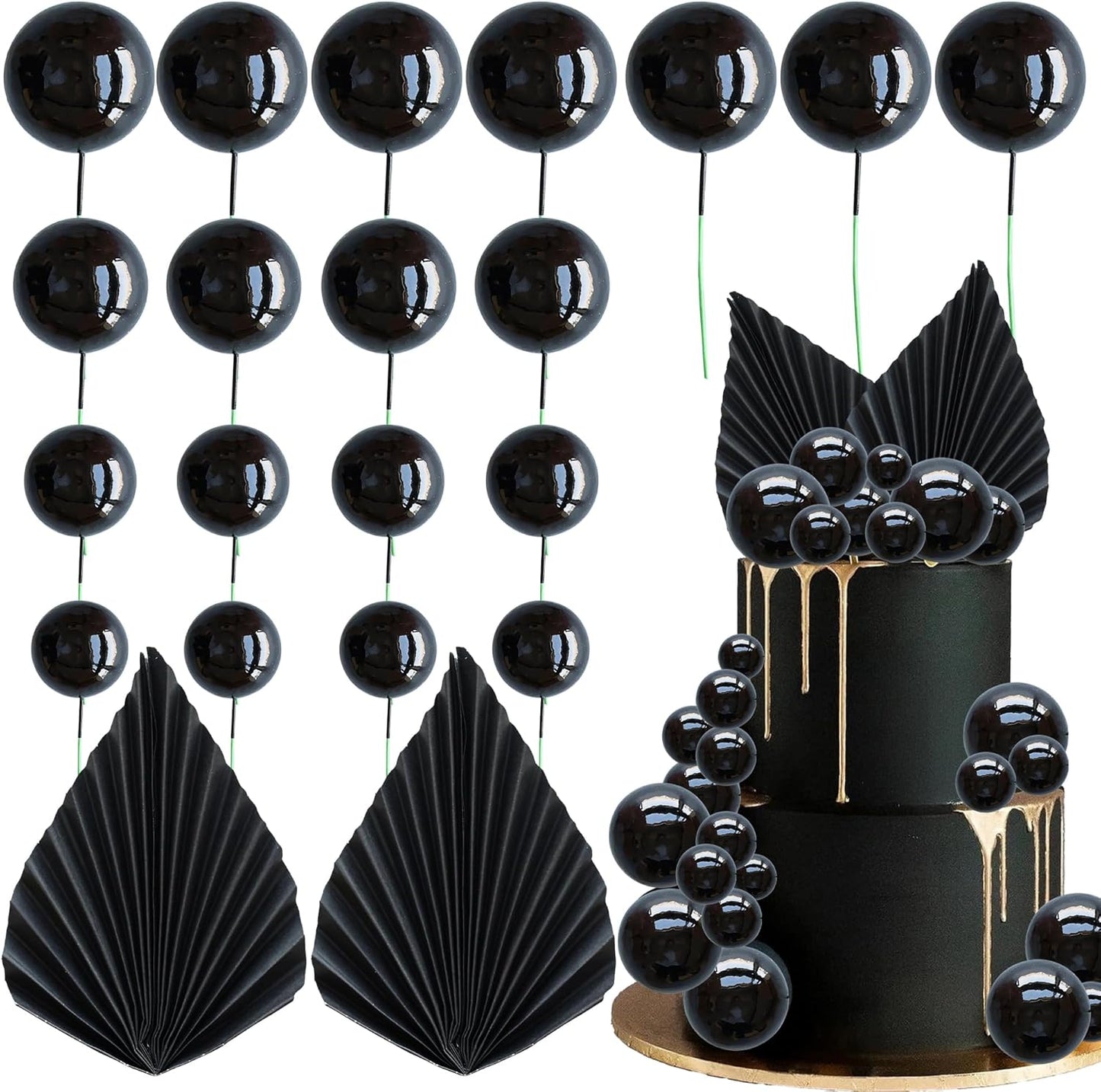 Ephlyn 28Pcs Paper Palm Fan Cake Topper Balls Cake Pick for Baby Shower Wedding Bridal Shower Birthday Party DIY Cake Decorations Supplies Black