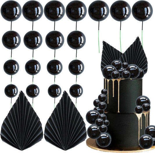Ephlyn 28Pcs Paper Palm Fan Cake Topper Balls Cake Pick for Baby Shower Wedding Bridal Shower Birthday Party DIY Cake Decorations Supplies Black