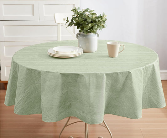 Newbridge Vinyl Flannel Backed Tablecloth, 70 inch Round, Sage Green Moire Wavy Solid Design, Heavyweight Indoor Outdoor Waterproof Table Cover, Easy Care Wipe Clean