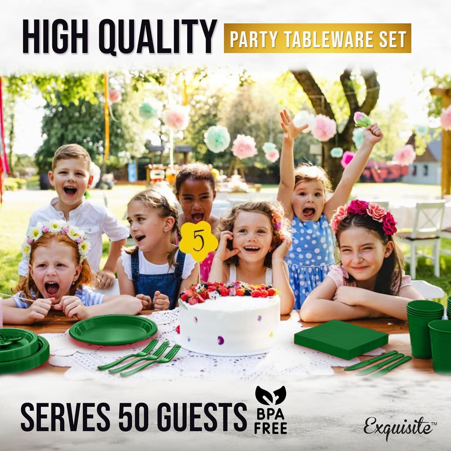 350 Pcs Emerald Green Plastic Plates For Party, Emerald Green Disposable Plates Set, 50 Of Each 9" Dinner Plate Set, 7" Dessert Plate, Cups, Napkins & Cutlery Plastic Dinnerware Exquisite