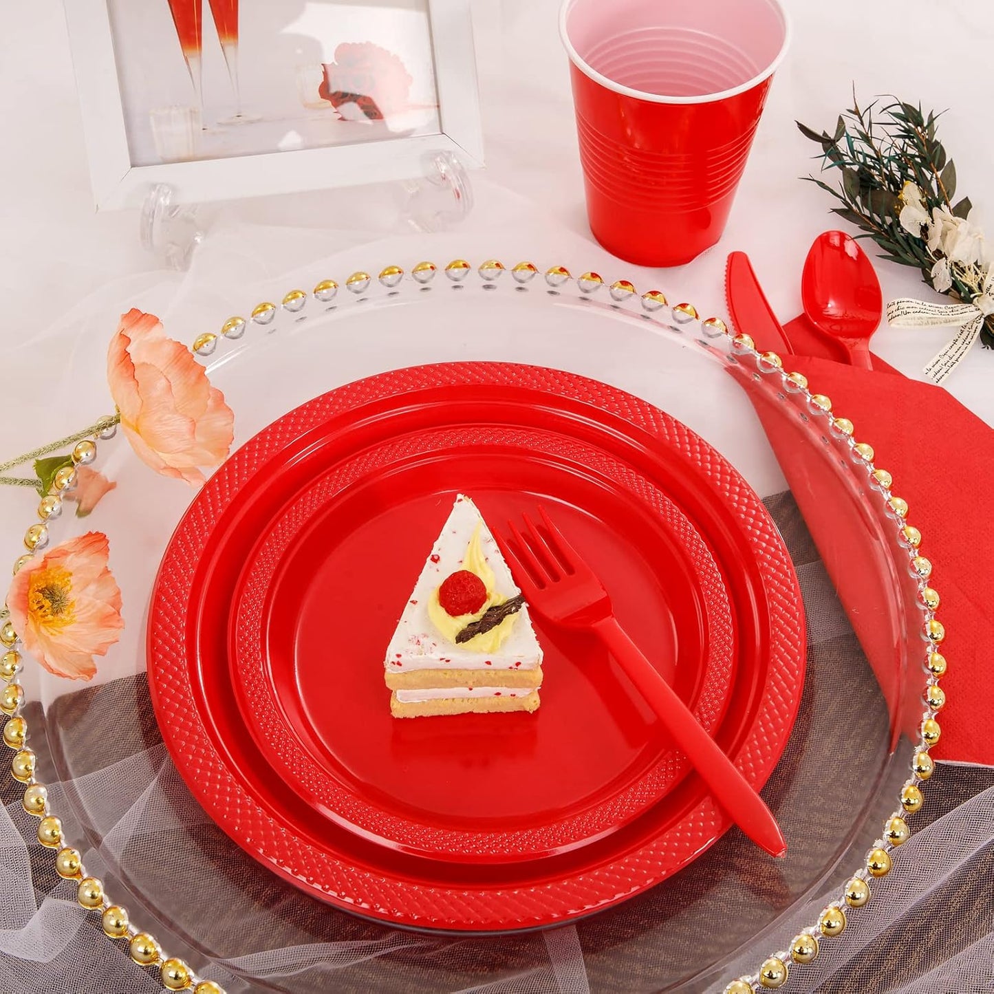 MirthMood 350PCS Red Disposable Plastic Plates,Red Dinnerware Set Includes 50 Dinner Plates, 50 Salad Plates, 50 Sets of Silverware, 50 Napkins and 50Pcs 12OZ Plastic Cups