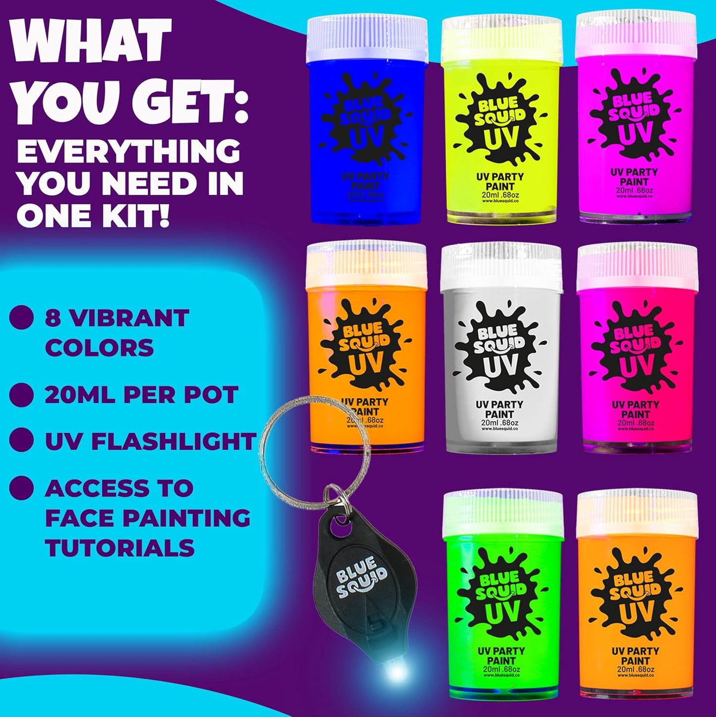 Blue Squid UV Body Paint - Glow in the Dark Body Paint, Neon Face Paint for Glow Party Accessories - Safe, Non-Toxic Black Light Glow Makeup for Adults & Kids, Multicolor 8 x Pots with Mini UV Light