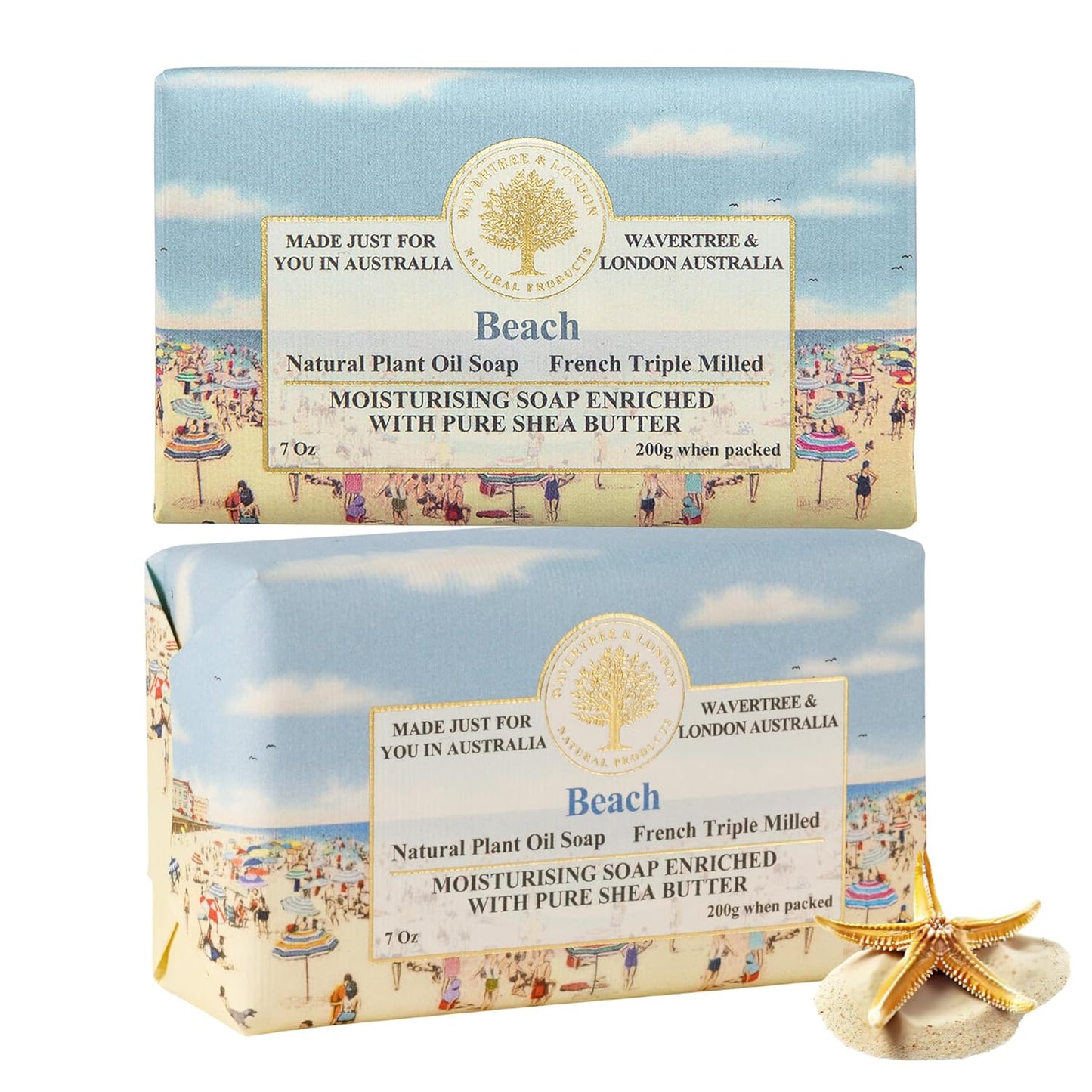 Wavertree & London Beach Scented Natural Soap (2 Bars), 7oz Moisturizing French Triple Milled Soap Bars enriched with shea butter - Pure Plant Based Bath & Body Bars for All Skin Types