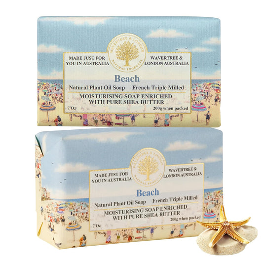 Wavertree & London Beach Scented Natural Soap (2 Bars), 7oz Moisturizing French Triple Milled Soap Bars enriched with shea butter - Pure Plant Based Bath & Body Bars for All Skin Types