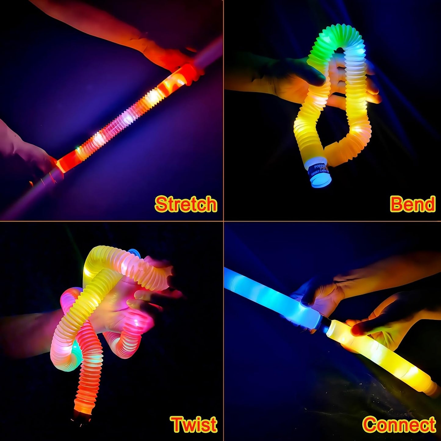 OceanWings 12PC Lights up Pop Tube Set for Kids Adults,Christmas Glow Sticks Stretchy Tube Fidget Toys for Classroom Prizes Birthday Concert Glow in The Dark Party Supplies Favor for Boys Girls