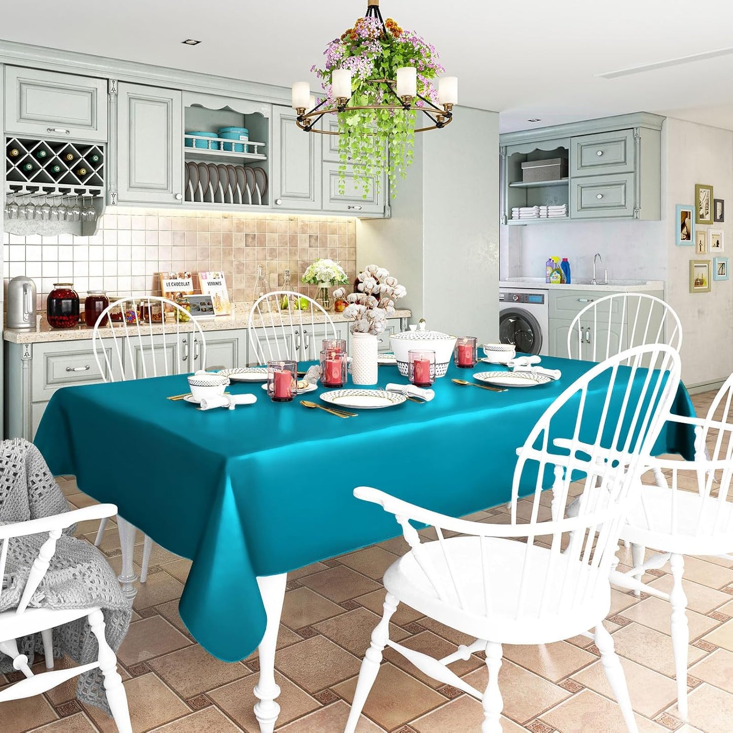 homing Square Vinyl Tablecloth, Waterproof Spillproof Plastic Flannel Backed Table Cloth, Wipe Clean Table Cover for Dining, Buffet Parties and Camping (Turquoise, 60" x 60")