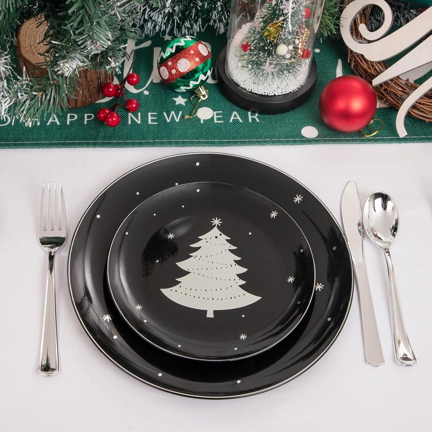 WDF 50 Pieces Christmas Plates Plastic - Black and Silver Plates with Christmas Tree include 25 Dinner Plates, 25 Salad Plates - Black Silver Party Plates for Christmas, Winter