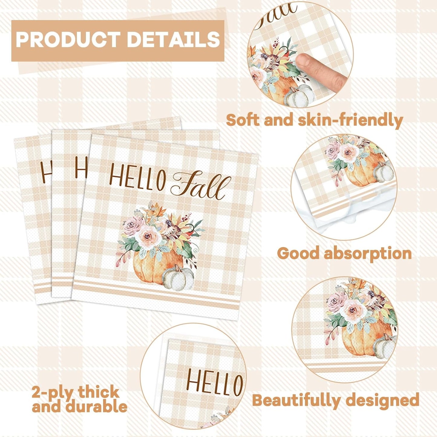 200 PCS Thanksgiving Tableware Disposable Watercolor Fall Pumpkins Party Supplies Buffalo Plaid napkin, Fall Dinnerware Set Happy Autumn Disposable Plates, Thanksgiving Party Decoration Serve 50 guest