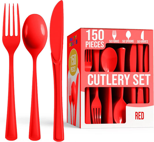 Party Solids Red Plastic Silverware Heavy Duty 150 Pieces Red Plastic Cutlery Sets, Utensil Sets, 50 Of Each Forks, Knives & Spoons Disposable Cutlery Set, Flatware Set For Party Supplies