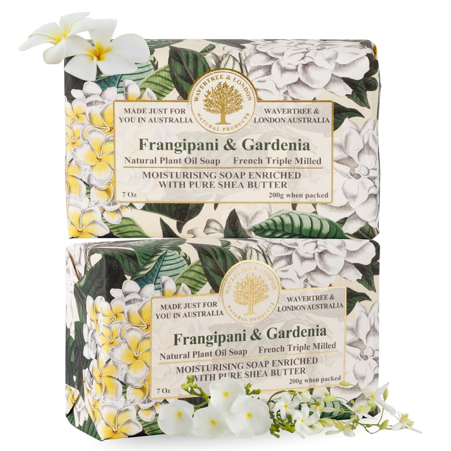 Wavertree & London Frangipani Gardenia Scented Natural Soap (2 Bars), 7oz Moisturizing French Triple Milled Soap Bars enriched with shea butter - Pure Plant Based Bath & Body Bars for All Skin Types
