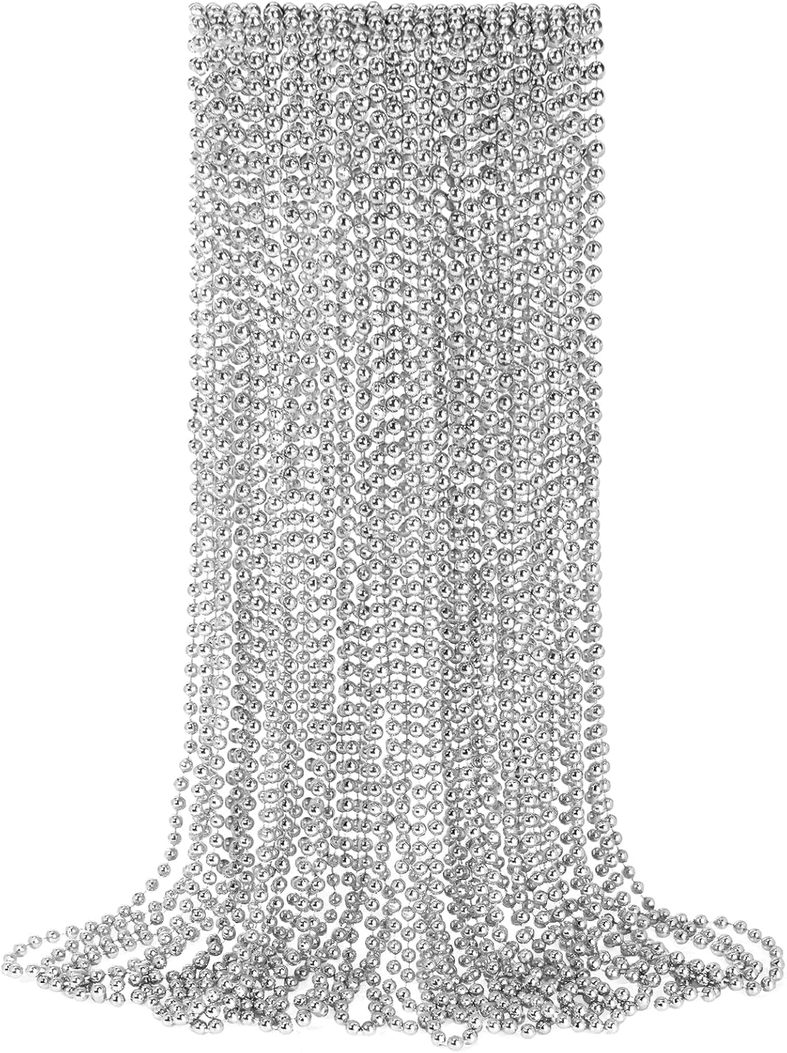 24 PCS Silver Bead Necklaces, Silver Mardi Gras Christmas Beads Necklaces, Patriotic Necklaces, 33 Inch Beaded Necklaces for Mardi Gras Christmas Party, 4th of July and New Year Eve Festive Events