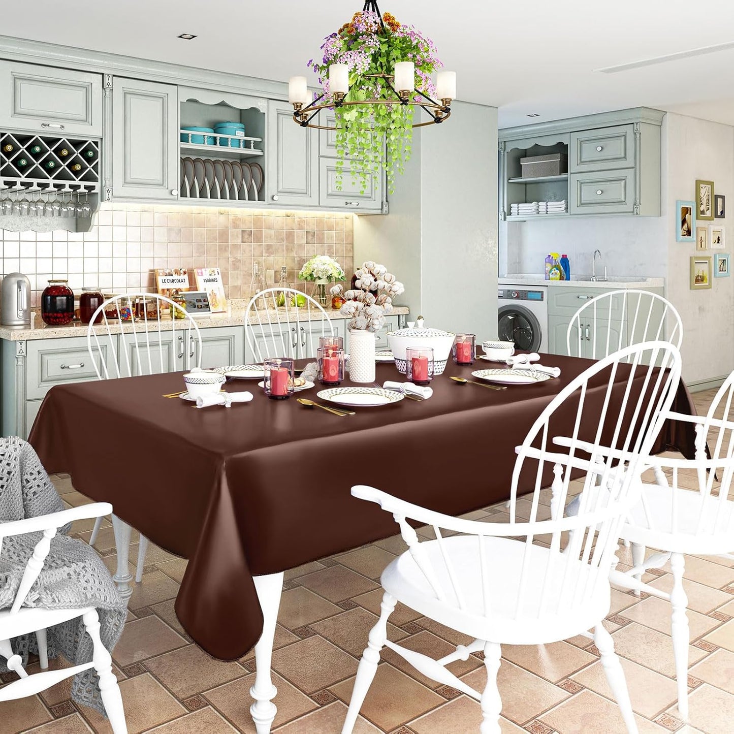 homing Rectangle Vinyl Tablecloth, Waterproof Spillproof Plastic Flannel Backed Table Cloth, Wipe Clean Table Cover for Dining, Buffet Parties and Camping (Coffee, 54" x 120")