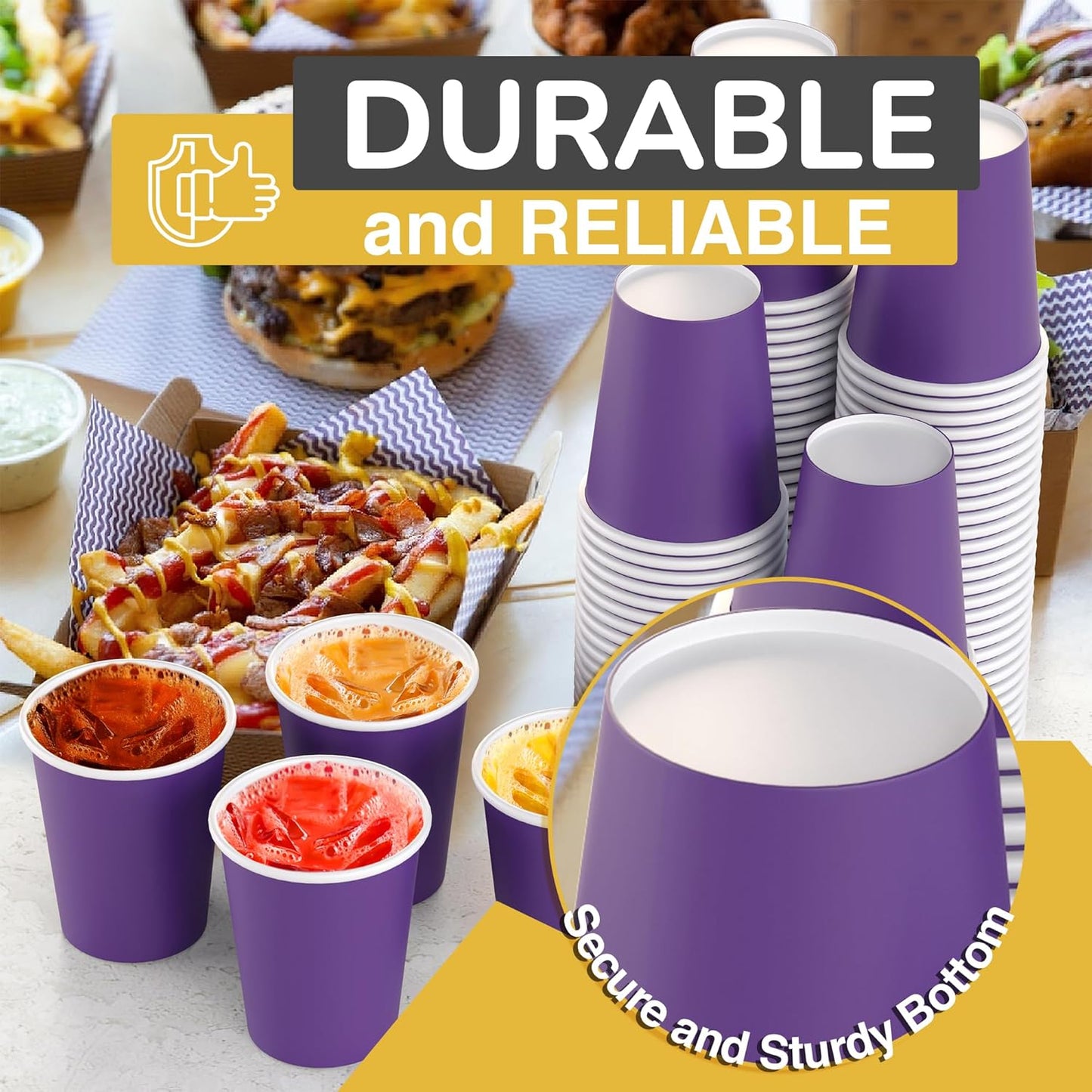 Party Solids Purple Paper Cups 9 oz Durable Disposable Cups 100 Paper Tumblers for Hot Drinks and Cold Drinks Thick 280 GSM Hot Cup for Tea & Coffee Cup To Go Fun Colors for Parties & Events
