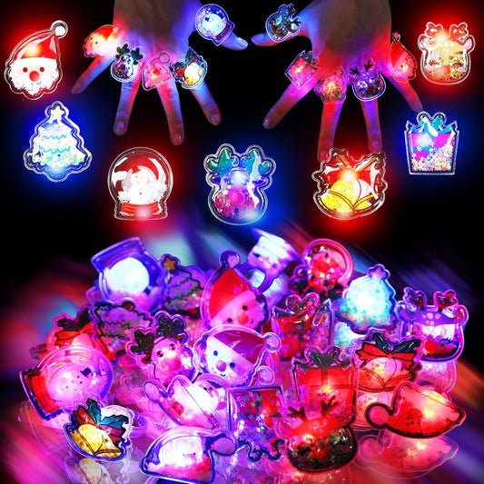 TUWUNA Christmas Party Favors 24 Pcs Glitter Christmas LED Light Up Rings Glowing Finger Rings Toys for Party Supplies Classroom Prizes Pinata Goodie Bag Stocking Stuffers Gifts