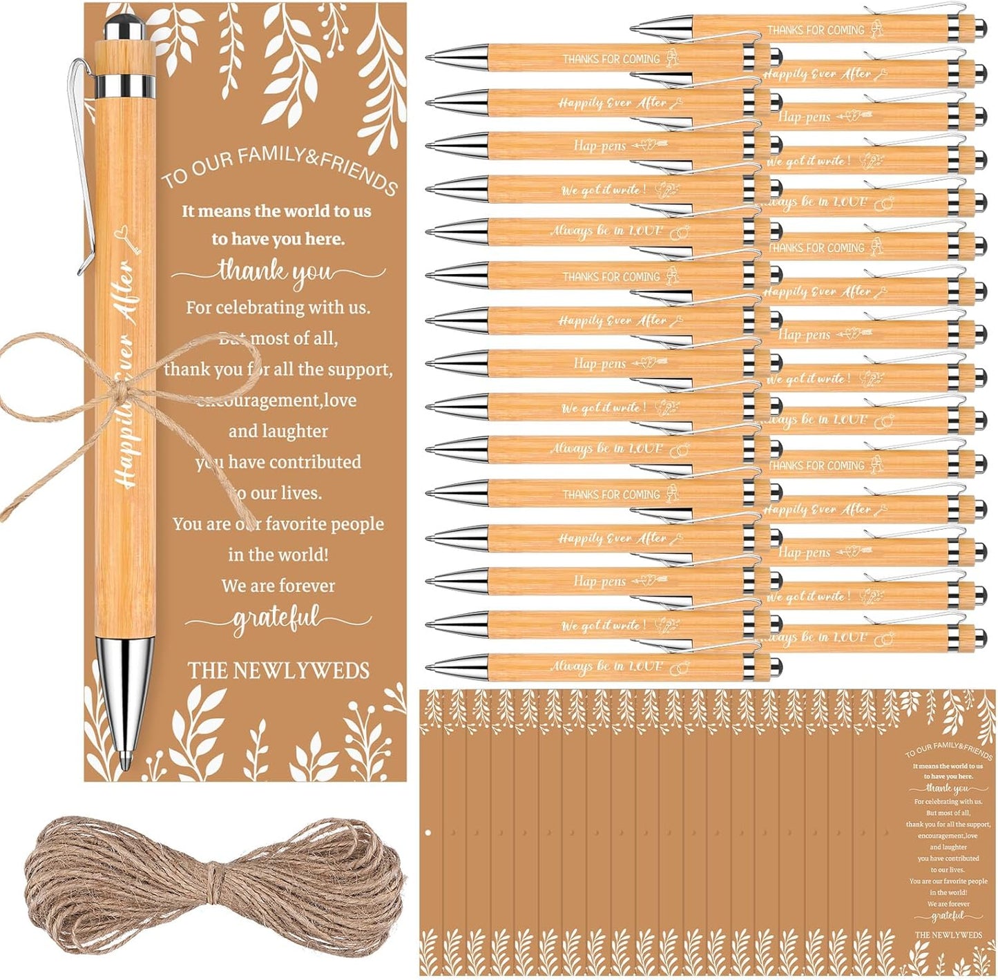 50 Sets Wedding Party Favors for Guests Bulk-50 Bridal Shower Gifts Bamboo Ballpoint Pens 50 Wedding Thank You Cards with Hemp Rope Recuerdos Para Boda Keepsakes Souvenirs